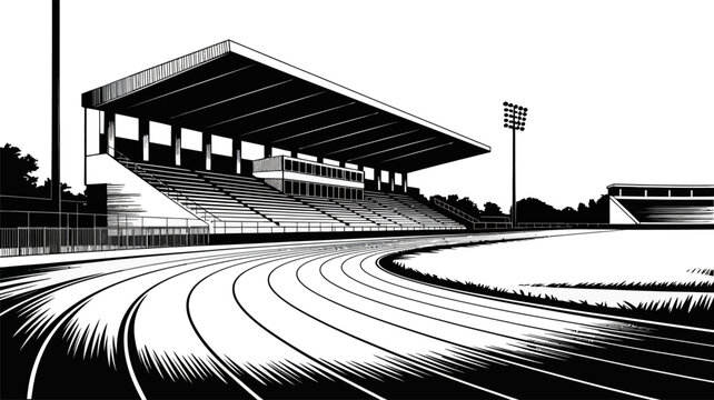 Black and white of a stadium with a running track and grandstands under a clear sky 