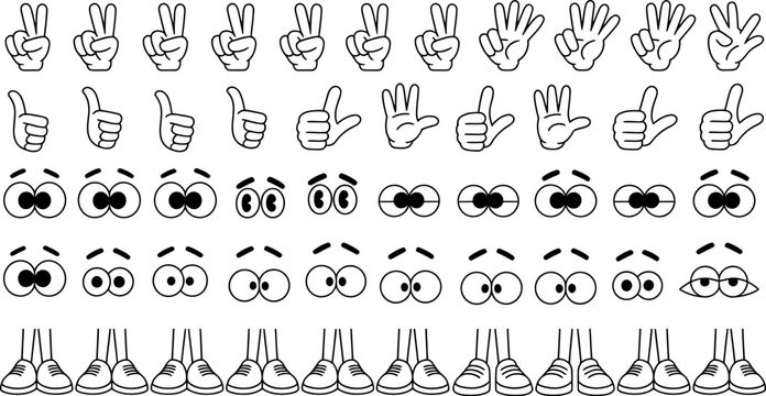 Cartoon hands showing peace signs, thumbs up, fingers counting, and cartoon eyes and legs with shoes