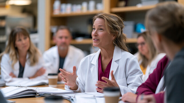 Pharmacist educator leading continuing education session for pharmacy technician staff gathered around table in pharmacy break room, controlled substance handling protocol update after regulatory ch