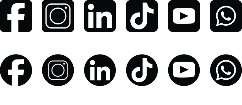Set of popular social media network icons in black and white square and circle Vector