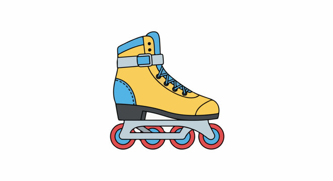 A colorful illustration of a right inline skate with yellow boot