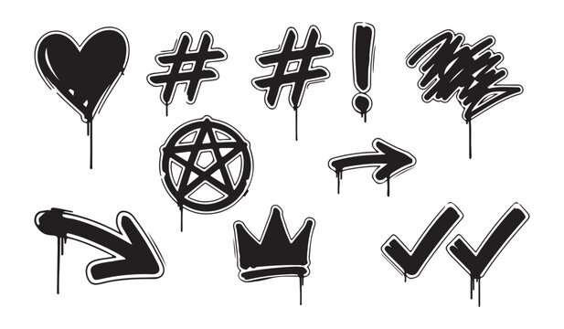 Street art graffiti elements set with pentagram crown heart arrow check mark symbols on white background