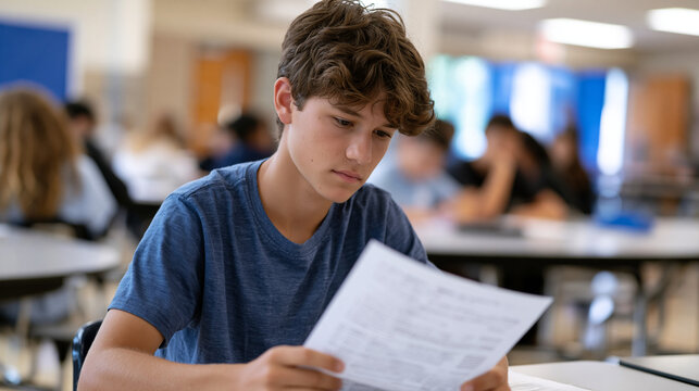 Seventh grader sitting alone at cafeteria table staring at returned standardized test marked with low score, September assessment results, academic self-doubt, student performance pressure, middle s