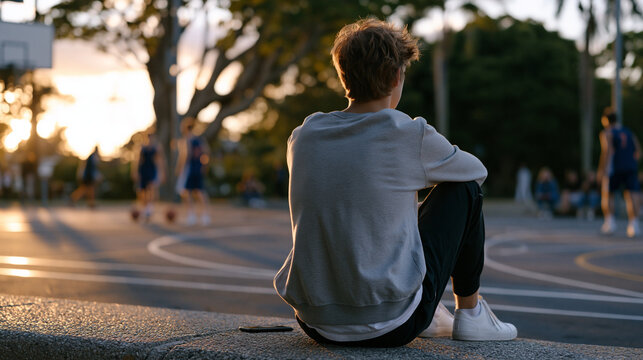 Teenage boy photographed from behind sitting at the edge of a basketball court at dusk watching others play, slouched shoulders, phone face-down beside him, golden evening light on concrete, social 