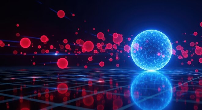 A glowing blue orb reflecting on a dark surface with floating red bubbles