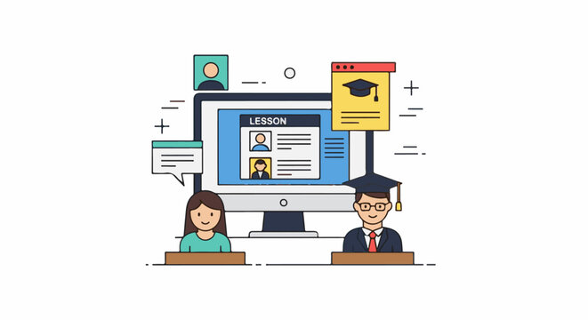A cartoon graphic of a man and woman in a virtual classroom