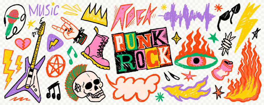 Punk rock doodle sticker set with music elements, guitar, skull and fire in colorful hand drawn style on a transparent background like PNG