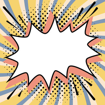 Comic starburst text box with jagged bubble on yellow and blue spiral background with halftone dots and dynamic ink lines. Retro vector comic background with copy space for headlines, promo text.