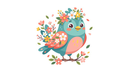 Obraz premium Cute Bird with Flower Crown Perched on Branch, Springtime Illustration