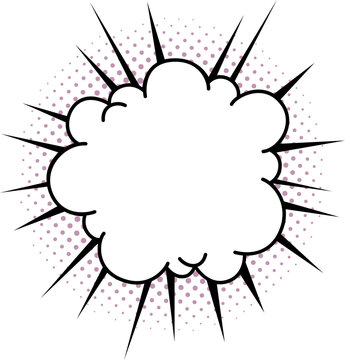 Comic cloud frame with sharp black starburst spikes and blank center over purple halftone background. Retro pop art vector speech bubble sticker for sale tags, promo badges and comic design