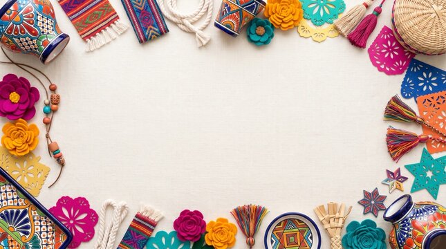 Mexican festive background with traditional pottery and colorful decorations