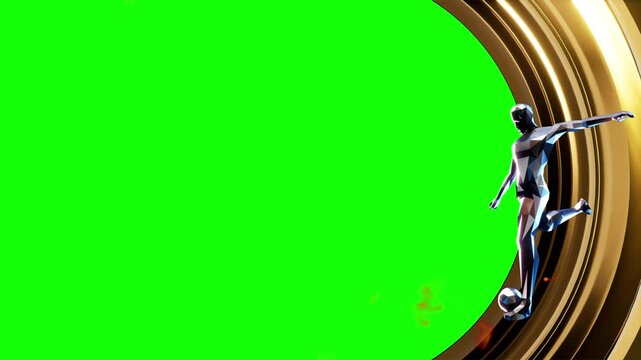 Football player figure crafted from polished chrome metal stands within a circular golden frame that encircles a central green screen area designed for professional sports broadcasts and overlays.