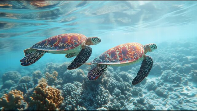 Two Sea Turtles Swimming Gracefully Over Coral Reef.