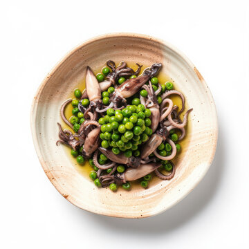 Authentic Seppie con Piselli with Cuttlefish and Green Peas Isolated on White Background