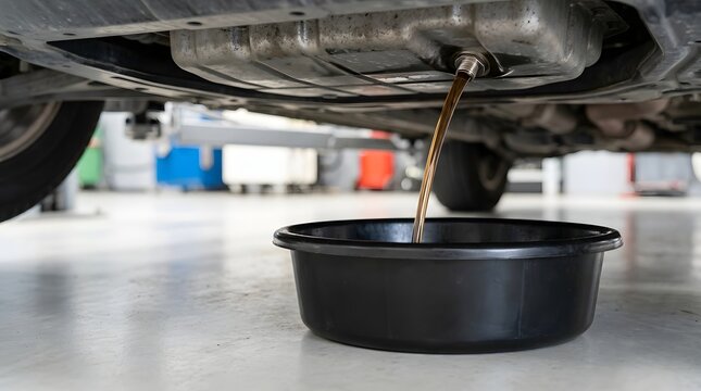 Old engine oil draining from a car bottom tank into a black plastic oil catch pan container in garage