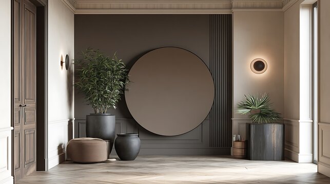Modern luxury hallway interior with round wall mirror and indoor plants