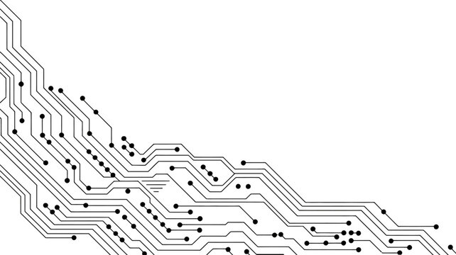 Detailed black circuit board pathways and nodes forming an abstract pattern on a light white background