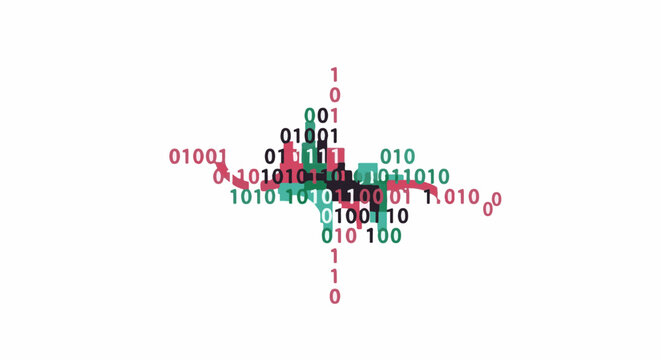 A colorful abstract design featuring binary code in red, green, and black on white