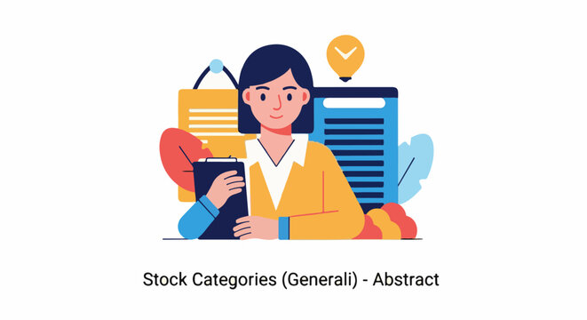 A cartoon woman holds a clipboard with colorful shapes and icons