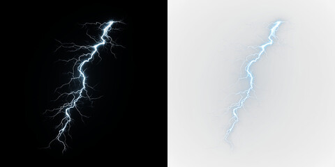 Blue and white bright blue lightning strikes down isolated on transparent and black background showing electrical energy and power, light overlay, PNG © Liubov