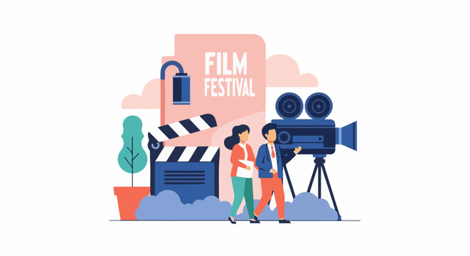 A colorful graphic illustration of a film festival scene with people and movie-making equipment