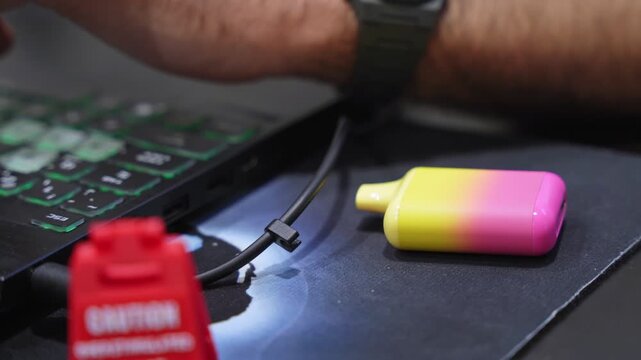 Close up of person using laptop with electronic cigarette on desk in office setting.
