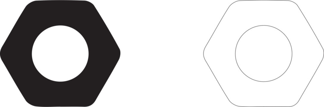 Hex nut vector icon, hexagonal metal fastener symbol, threaded hardware and artisan assembly.