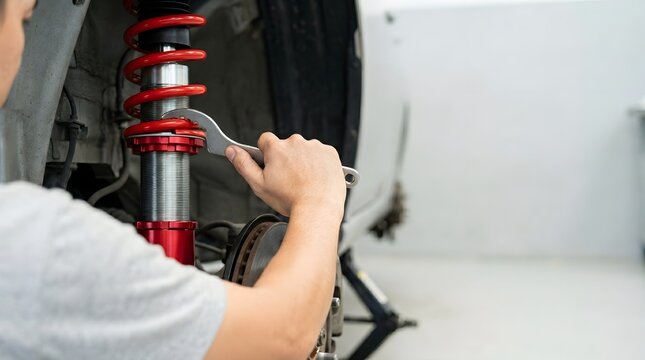 Professional Mechanic Adjusting Red Car Suspension Performance Coilover Sport Spring in Workshop