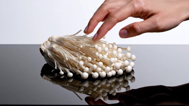 Hand touching fresh raw enoki mushrooms on reflective black surface.