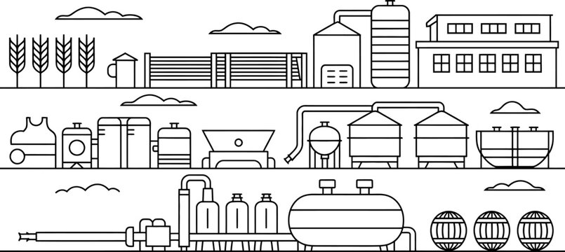 Industrial factory production line with brewing tanks silos and wheat stalks in a linear outline