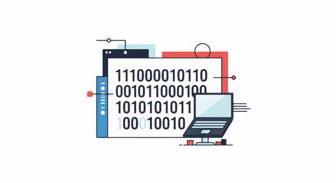 A colorful illustration of a computer with binary code on the screen