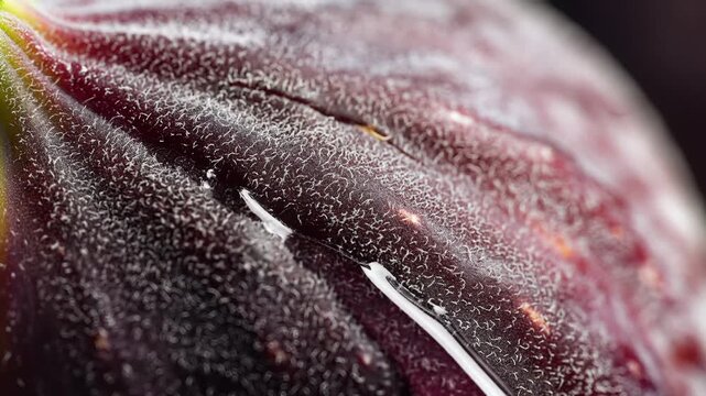 Close up macro view of a single ripe fig fruit surface with water droplet showing intricate texture and deep color detail
