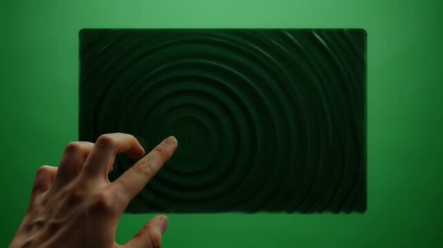 Hand touching green screen interface creating liquid ripple effects.