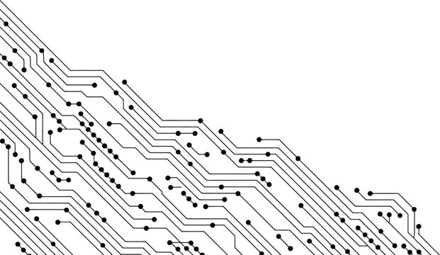 Intricate black circuit board pattern with numerous lines and connection points on a clean white background