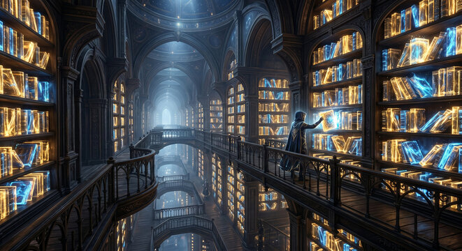 Fantasy magical library with glowing energy books and a cloaked wizard