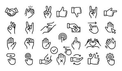 Naklejka premium Hand Gesture Line Icon Pack Featuring Communication Signs, Social Actions, UI Controls, Donation and Interaction Hand Symbols