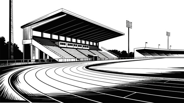 Monochrome of a sports stadium featuring a running track, grandstands, and floodlights against a white background