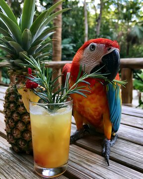 Colorful parrot and tropical drink with pineapple on a wooden surface