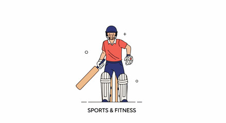 Fototapeta premium A cartoon illustration of a cricket player wearing protective gear and holding a bat