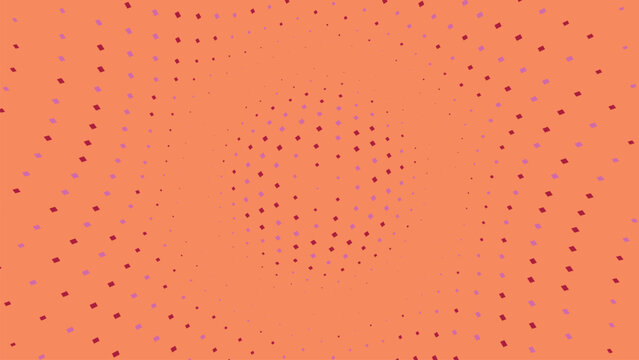 Abstract halftone pattern with purple squares on coral background