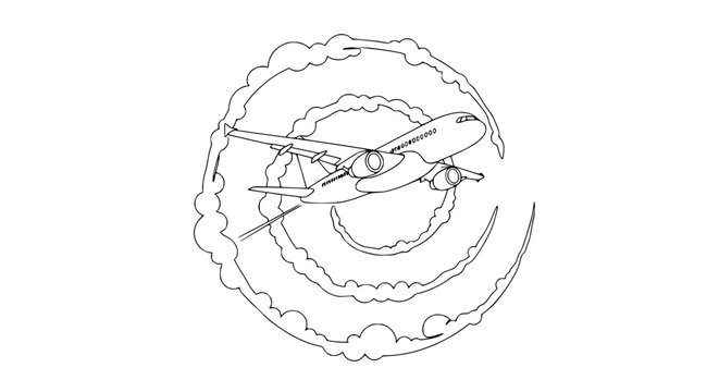 Airplane in circular cloud formation, artistic line drawing, travel concept