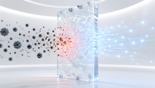 Antiviral Barrier Technology: A transparent shield powerfully repels and neutralizes harmful viruses, showcasing advanced nanotechnology in a futuristic cleanroom setting.