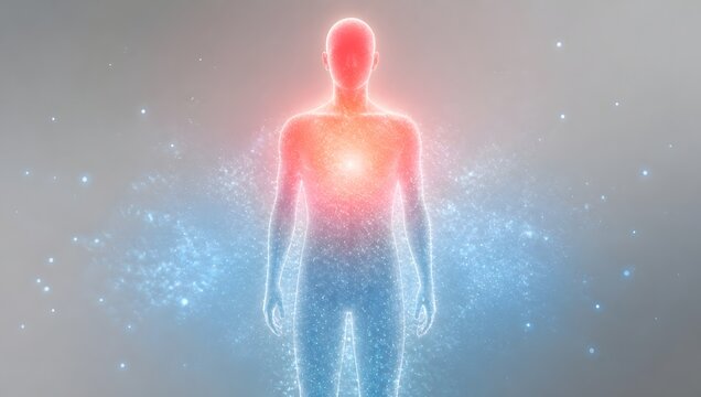 Human Energy Field: An abstract depiction of a human silhouette glowing with vibrant energy, surrounded by a shimmering aura and particles, representing life force and vitality.