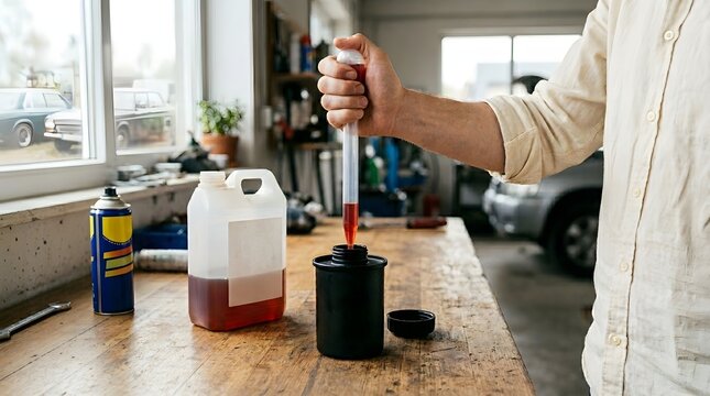 Professional mechanic using manual fluid extractor pump to transfer oil at garage workshop table