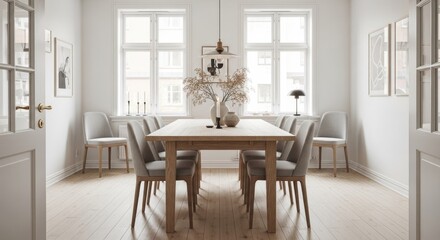 Fototapeta premium Bright scandinavian style dining room with wooden furniture set.