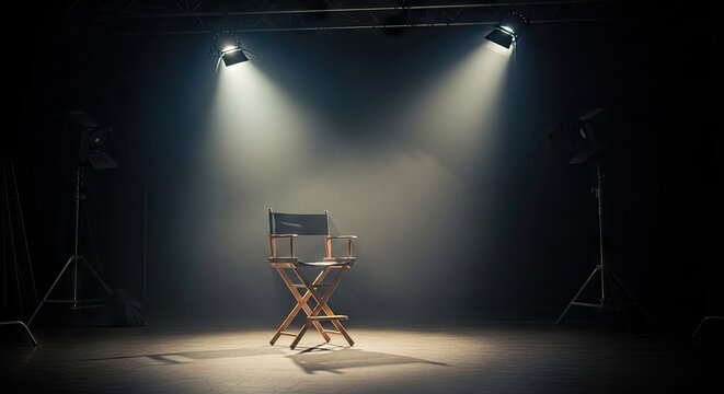 Bright spotlight illuminating a director's chair in a studio.