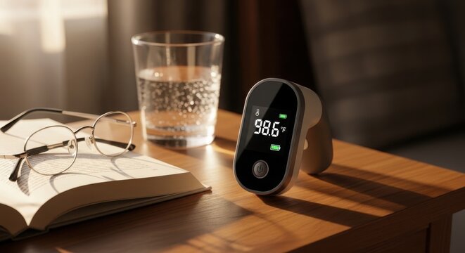 Digital thermometer showing 98.6 degrees on wooden table