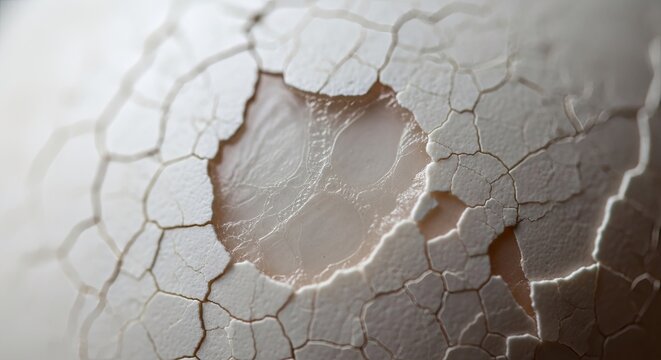 Broken white eggshell with missing pieces and delicate texture.