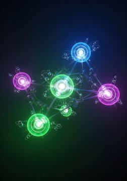 Abstract scientific visualization depicting subatomic particles, atomic nuclei, and molecular bonds in a glowing, energetic structural lattice, existence, physical, theoretical