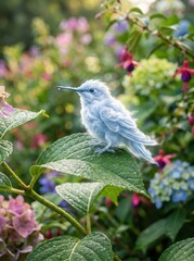 Fototapeta premium A hummingbird made of clouds perched on a leaf.